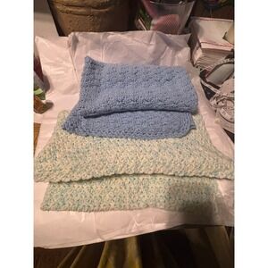 Handmade Crochet Baby Blanket Lot of 2  Blue & White Textured Stroller Blanket